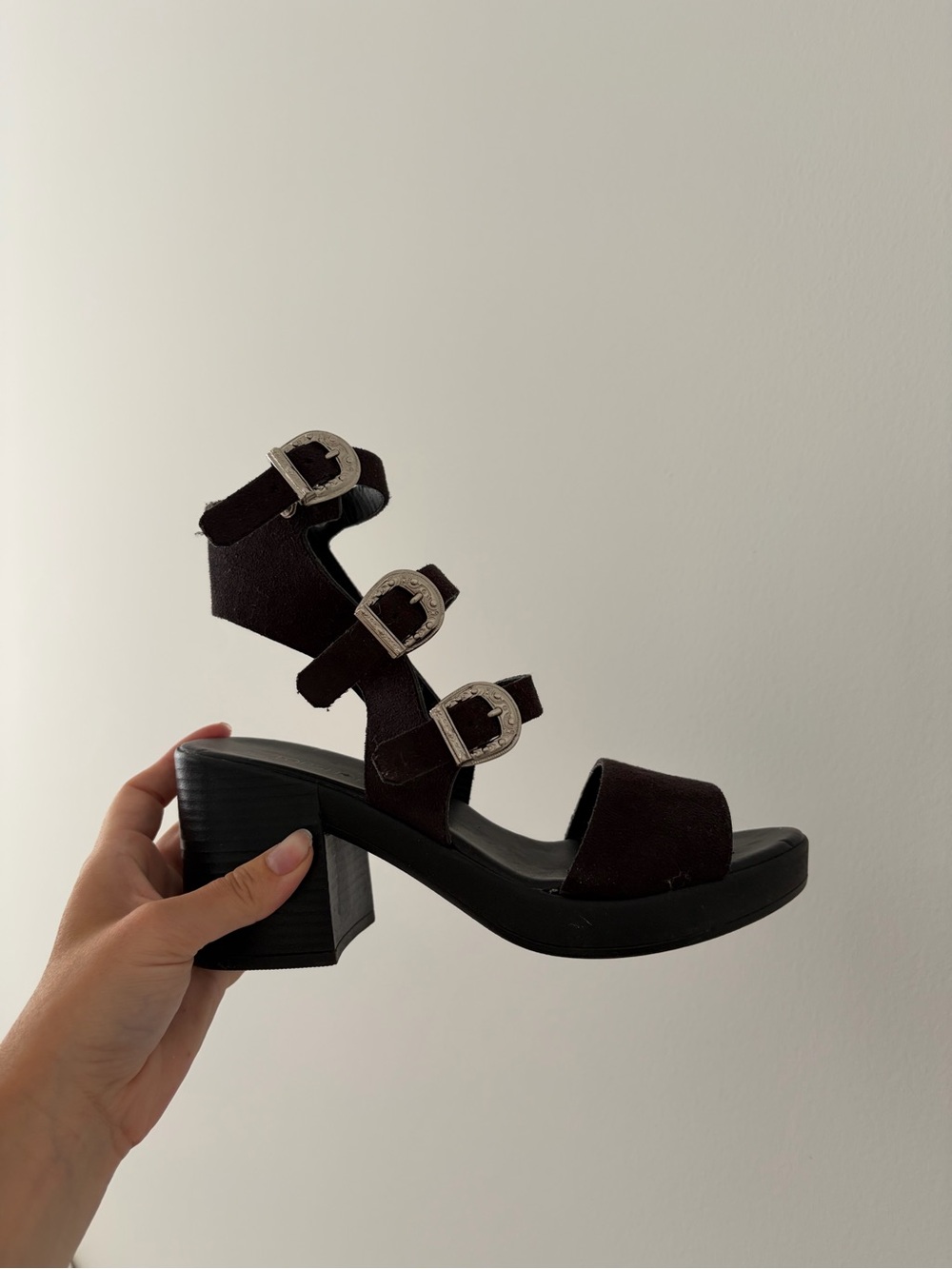 Topshop Black Suede Triple Buckle Block Heel Sandals